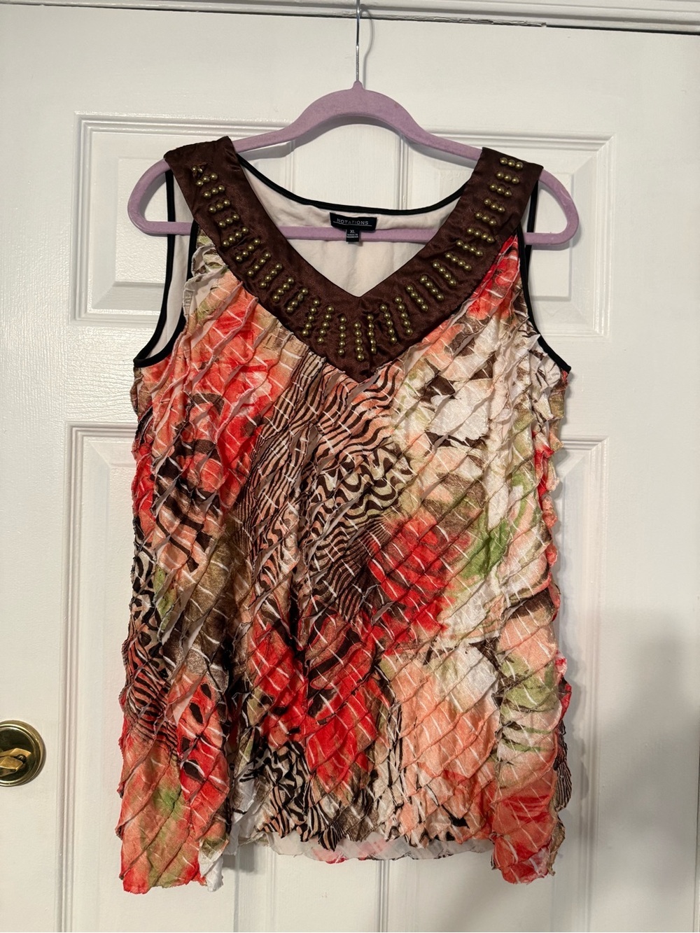 Notations Sleeveless Ruffled V-Neck Top in Red, Brown, Cream